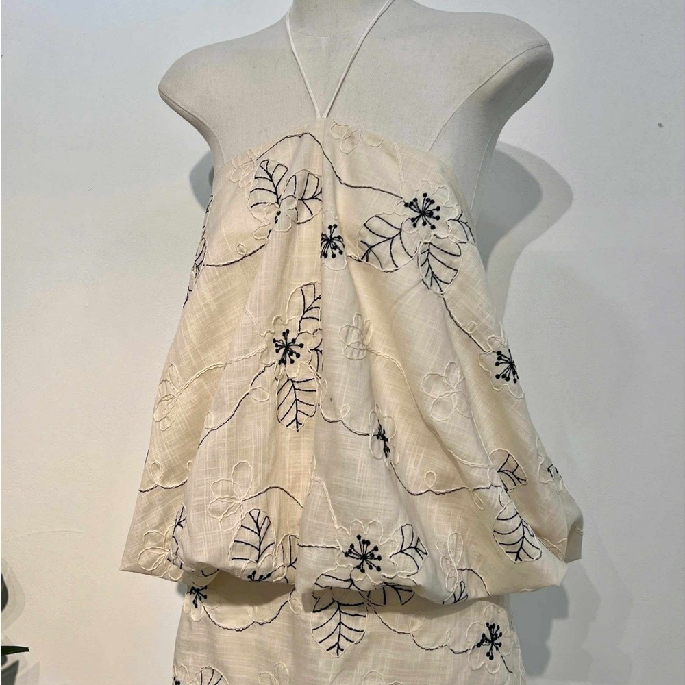 Cream Halter Top with Black Floral Embroidery